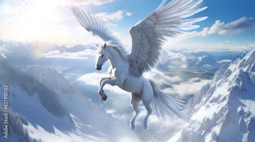 Majestic Pegasus flies over the winter mountains by AI