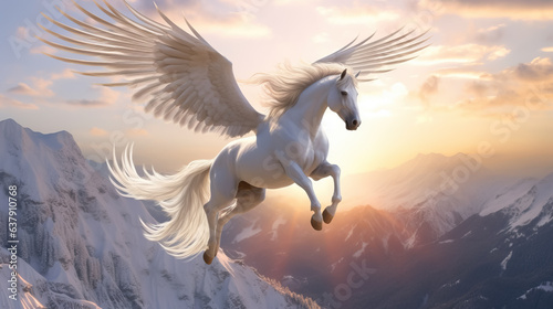 Majestic Pegasus flies over the winter mountains by AI