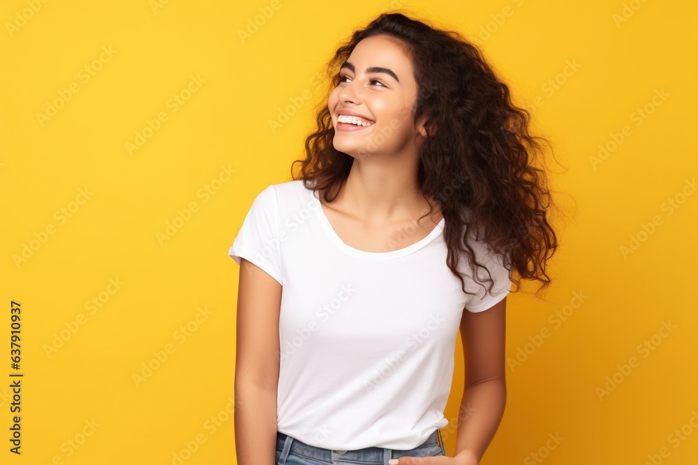 happy smiling female wearing plain white t-shirt for mock up on yellow background happy smiling female wearing plain white t-shirt for mock up on yellow background