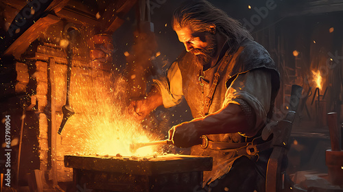 Medieval blacksmith creates a tool in his forge by AI photo