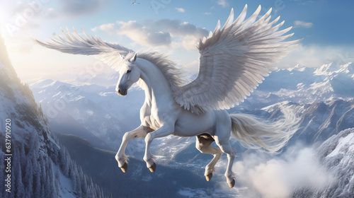 Majestic Pegasus flies over the winter mountains by AI