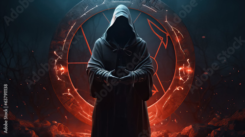 The dark figure of a wizard conducting a ritual by AI