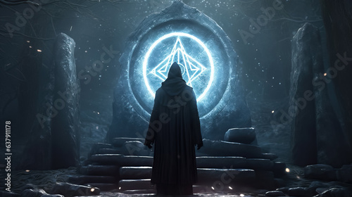 The dark figure of a wizard conducting a ritual by AI