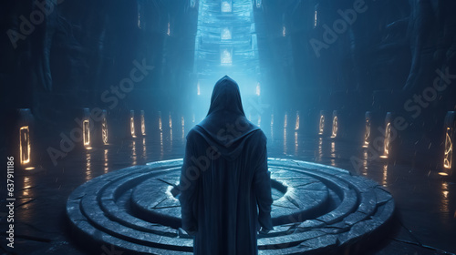 The dark figure of a wizard conducting a ritual by AI