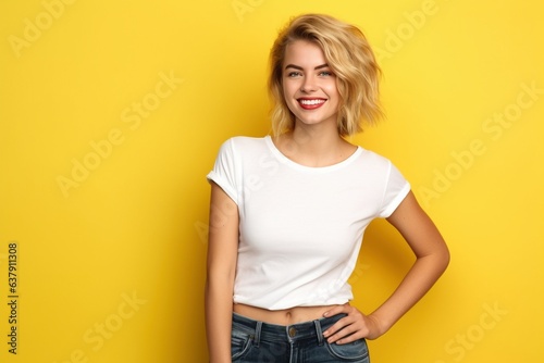 happy smiling female wearing plain white t-shirt for mock up on yellow background