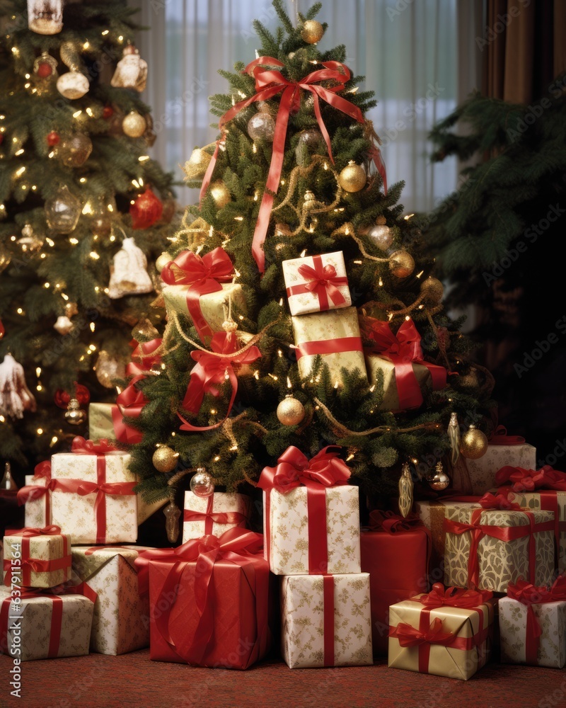 A pile of gift boxes under a Christmas tree - stock picture
