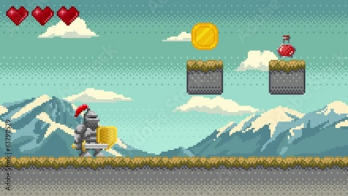 Pixel art animation of knight in armor with sword and shield with mountains and clouds on background. Animated retro video game pixelated scene with platforms with grass, coin and potion flask.