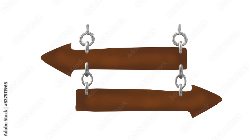 Wooden directional sign. Wood. Space for writing your message. Illustration. Arrow pointing. Hanging chain. Transparent background PNG.