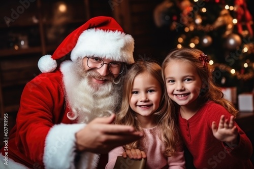 Cute kids making a selfie with Santa Clause on Christmas day - stock picture