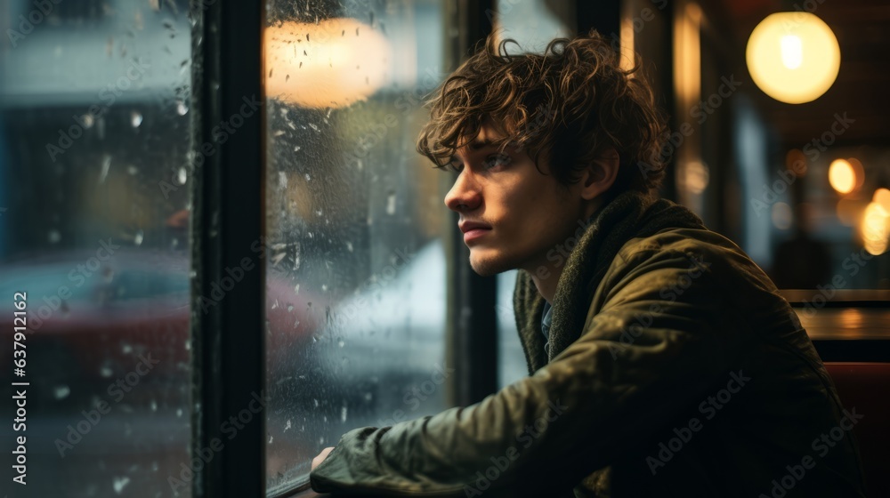Young man sits by a window, in cafe. Beautiful illustration picture. Generative AI Young man sits by a window, in cafe. Beautiful illustration picture. Generative AI