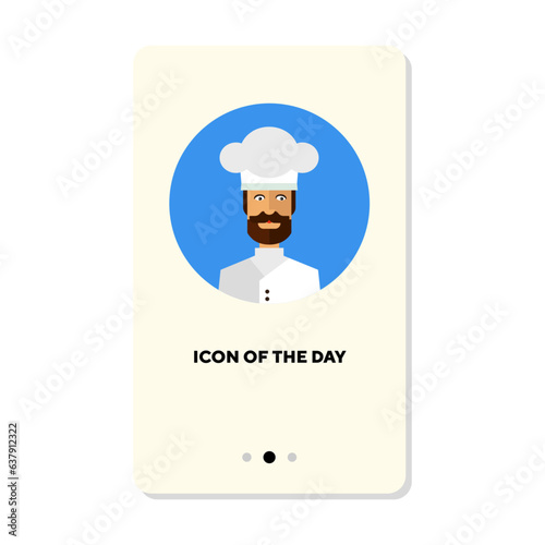 Chef of restaurant in uniform flat icon. Vertical sign or vector illustration of professional cook. Culinary, gastronomy, cooking concept for web design and apps