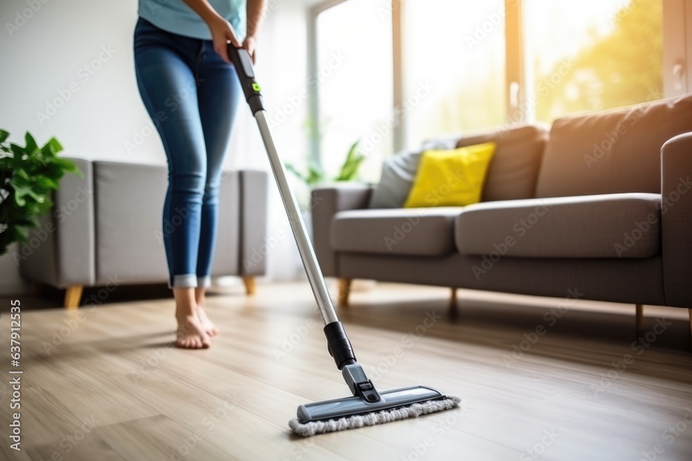 Young cleaning the floor of a modern living room - stock picture Young cleaning the floor of a modern living room - stock picture