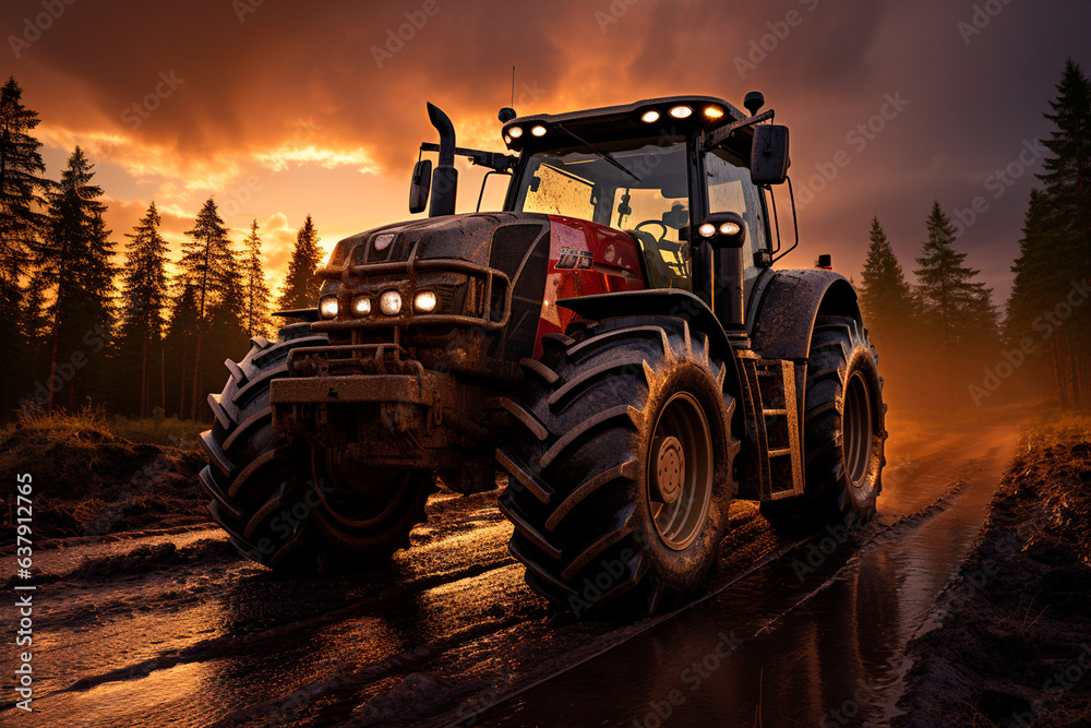 tractor with the dirt on the field in the evening