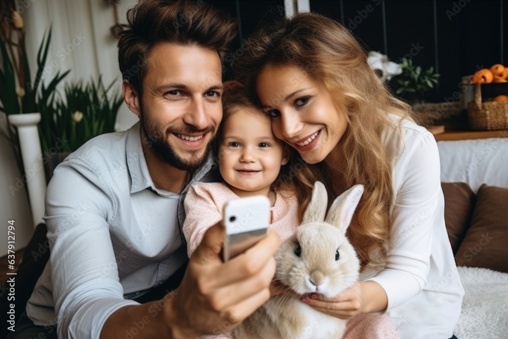 Young family making selfies together with a cute Easter Bunny - stock picture