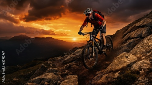 Adventurous mountain biker. Beautiful illustration picture. Generative AI