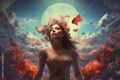 Woman in surreal world. Beautiful illustration picture. Generative AI