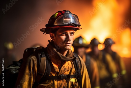 Firefighters are in the flames. Beautiful illustration picture. Generative AI