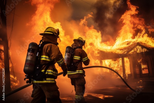 Firefighters are in the flames. Beautiful illustration picture. Generative AI