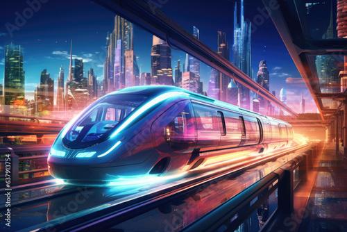 High-speed train speeds through a pink and blue neon-lit futuristic tunnel.