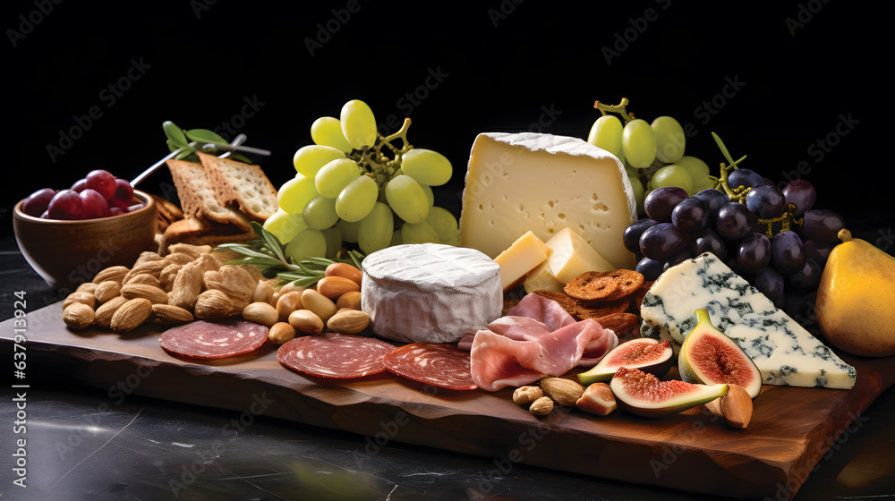 A wooden board overflows with an assortment of artisanal cheeses, cured meats, and fresh fruits. Every detail, from the marbling of the meats to the crumbly textures of the cheeses. A wooden board overflows with an assortment of artisanal cheeses, cured meats, and fresh fruits. Every detail, from the marbling of the meats to the crumbly textures of the cheeses.