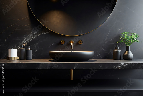 Black bathroom interior design, round mirror countertop basin and wall-mounted copper faucet on marble counter in modern luxury minimal and masculine style.