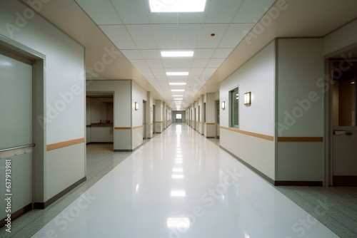 Hospital corrido at night, interior of modern hospital hallway in white and beige color, no people healthcare background.