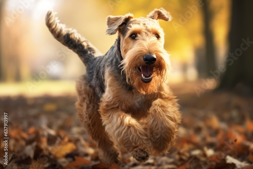 An Airedale terrier is running in a park. Beautiful illustration picture. Generative AI