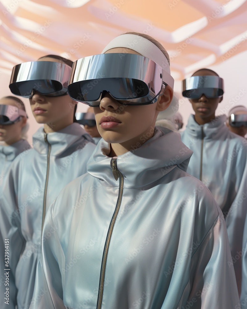 A group of people wearing futuristic virtual reality eyewear, adorned in sleek silver goggles, explore a thrilling new reality with an infectious sense of excitement and anticipation A group of people wearing futuristic virtual reality eyewear, adorned in sleek silver goggles, explore a thrilling new reality with an infectious sense of excitement and anticipation