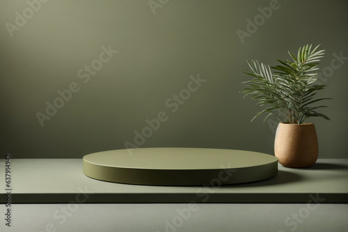 Round empty podium, pedestal for goods in green tones. Ai generation. photo