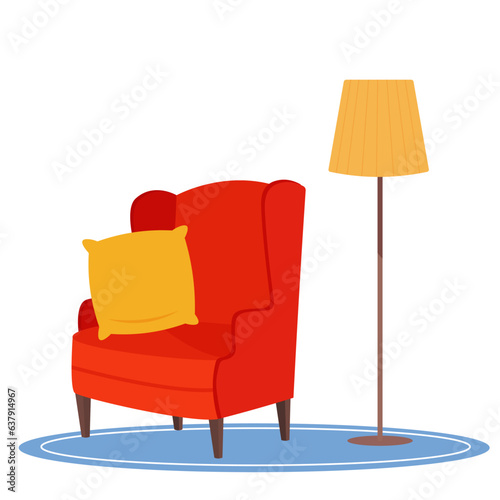 Cozy red armchair with a yellow cushion on it. Floor lamp and armchair with ears on white background