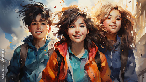 A Watercolor Painting of Three Teen Girls