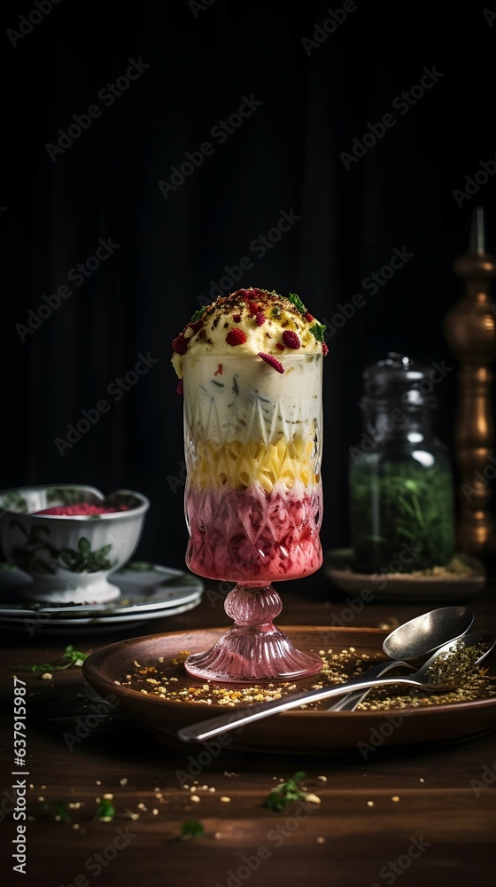 Kulfi falooda in Pakistan A tall glass of kulfi falooda, with layers of