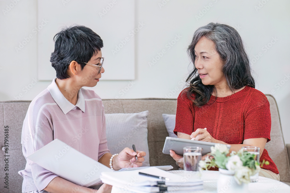 Senior woman planning future life insurance and finance happily in the living room. Senior woman planning future life insurance and finance happily in the living room.