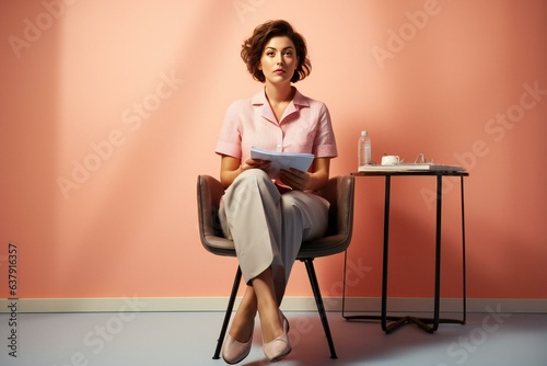 A psychologist female sitting on a chair with a clipboard. Therapy, mental health. Therapist, psychology female doctor.