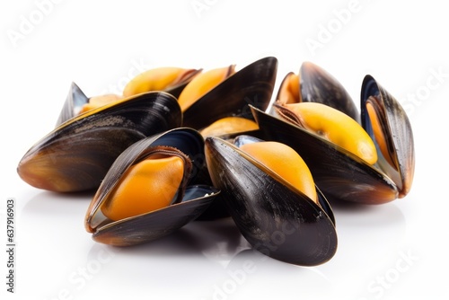 A pile of fresh mussels on a clean white surface