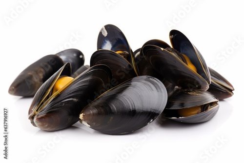 A pile of fresh mussels on a clean white background