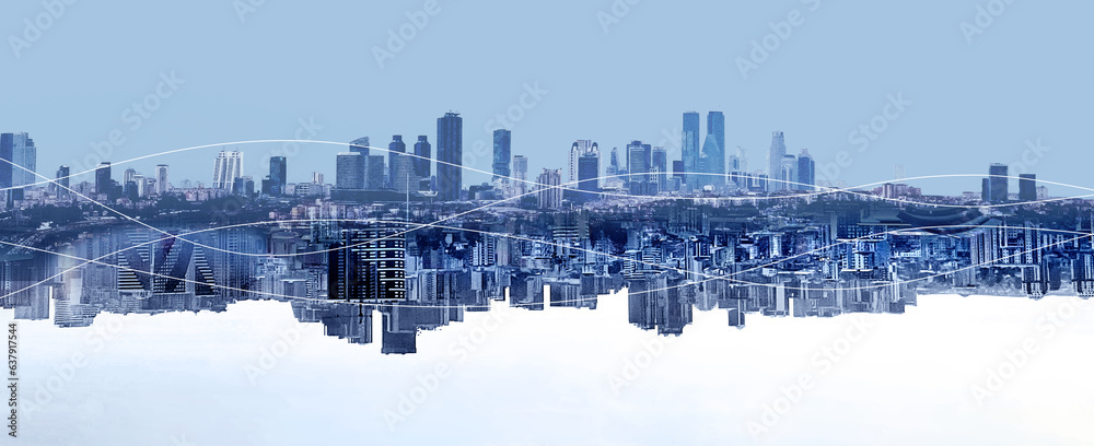 Blue city background. Social media and business communication technology concept