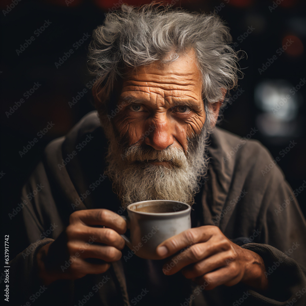 close-up portrait of elderly homeless man savoring hot coffee close-up portrait of elderly homeless man savoring hot coffee