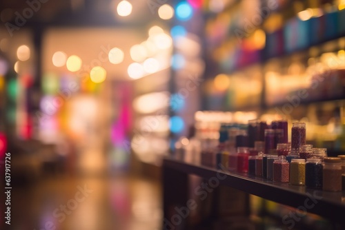 Blurred image of a colorful store filled with a wide variety of paint bottles © Marius F