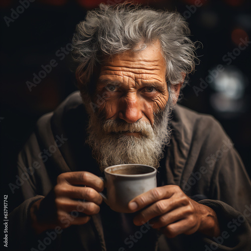 close-up portrait of elderly homeless man savoring hot coffee