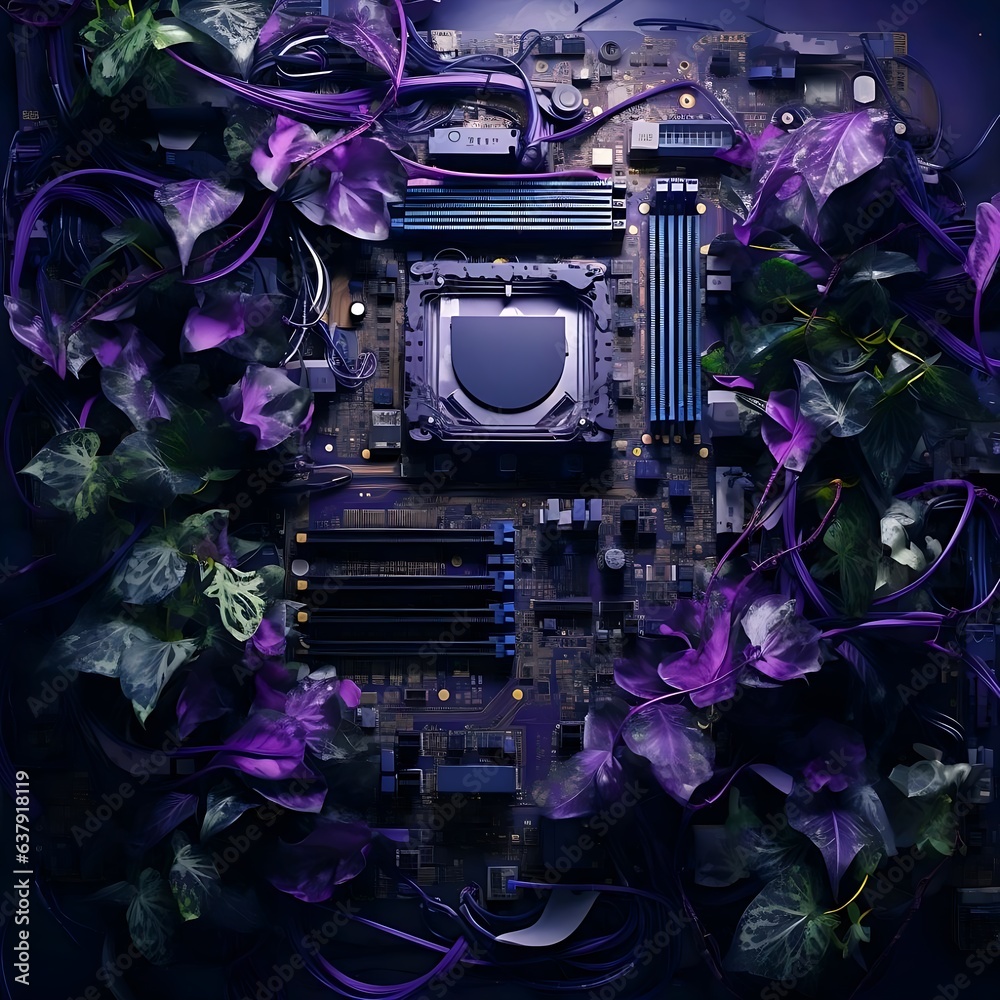 Fototapeta premium abstract background of a pc motherboard, server with gears circuits and fans in purple colors and green leaves 