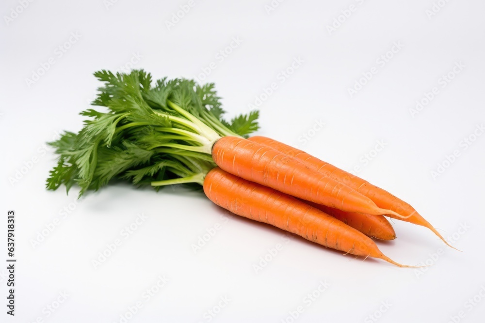 Bunch of fresh carrots with green leaves isolated on white background. Healthy food and vegetables Bunch of fresh carrots with green leaves isolated on white background. Healthy food and vegetables