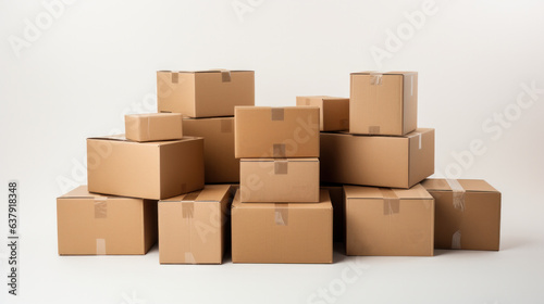 Pile of brown cardboard boxes packages isolated on white background.