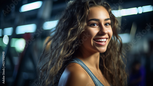 A content woman engaging in a satisfying workout session at the gym radiating positivity and well-being. 