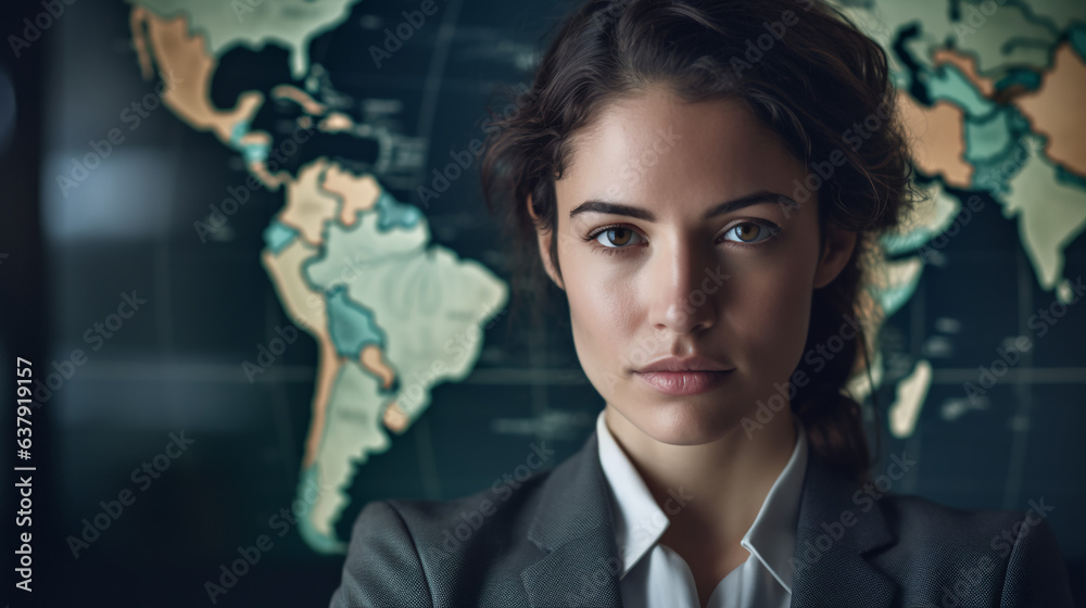Foto de A determined businesswoman positioned in front of a world map