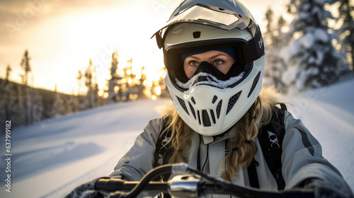 A woman navigating a snow-covered trail on a snowmobile her goggles protecting her eyes from the wind. The snowy landscape stretches out in front of her as she enjoys the exhilarating ride.  © kian