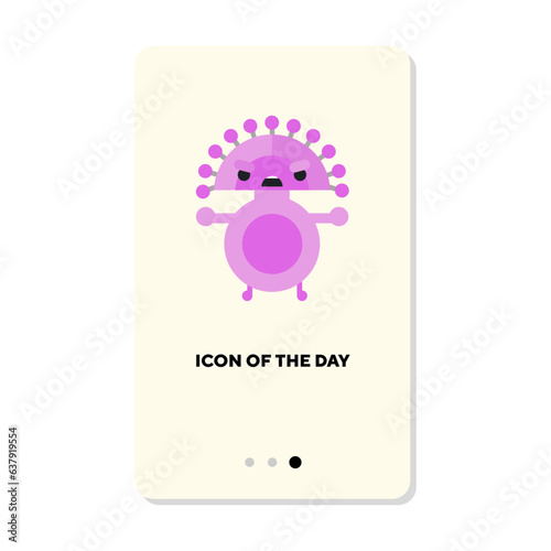 Dangerous purple bacteria flat icon. Circular creature with face isolated. Healthcare, illness, bacillus concept. Vector illustration symbol elements for web