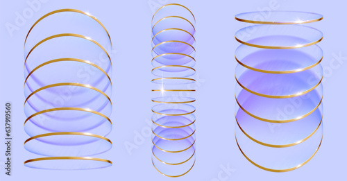 Transparent disc composition. Row of glass circles with gradient blur effect and with gold rim. Abstract circular plates vector illustration