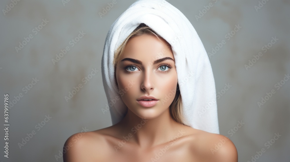 Portrait of attractive woman in towel on the head. Beautiful illustration picture. Generative AI Portrait of attractive woman in towel on the head. Beautiful illustration picture. Generative AI