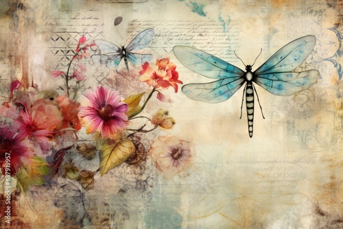 Background with old book pages with dragonflies. Beautiful illustration picture. Generative AI